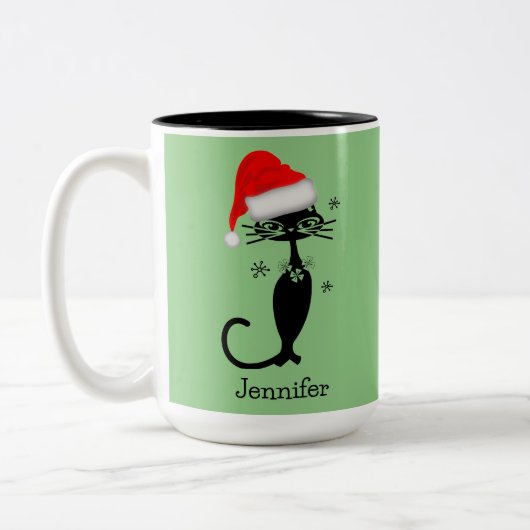 Tasse 2 Couleurs Chat de Noël Rétro Vert à Long Cou (Gauche)