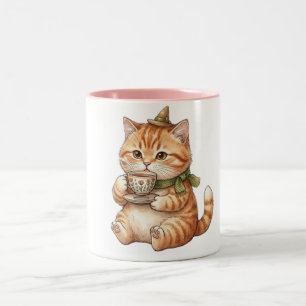 Tasse 2 Couleurs Chat de sorcier mignon buvant du thé Aquarelle vin