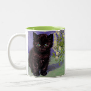 Tasse 2 Couleurs Chat de style Van Gogh avec des fleurs blanches
