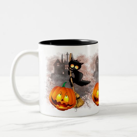 Tasse 2 Couleurs Chat effrayé par Citrouille Fun Halloween caractèr (Gauche)