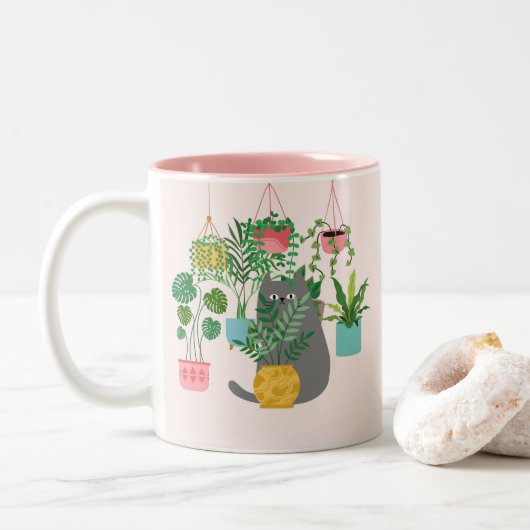Tasse 2 Couleurs Chat entre Plantes drôle (Avec donut)