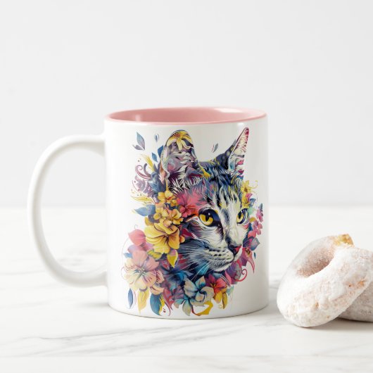 Tasse 2 Couleurs Chat floral (Avec donut)