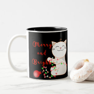 Tasse 2 Couleurs Chat Heureux Jouant Avec Lumière LED Noël Mignon
