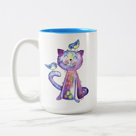 Tasse 2 Couleurs Chat mignon blanc violet avec oiseaux (Gauche)