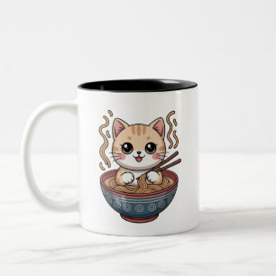Tasse 2 Couleurs Chat Mignon Kawaii Mangeant des Ramen Design Migno