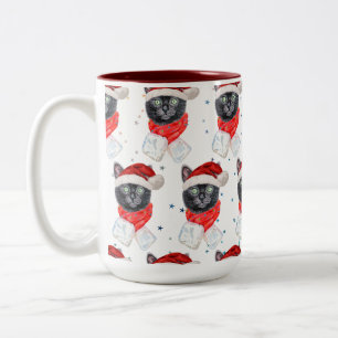 Tasse 2 Couleurs Chat noir de Noël avec écharpe rouge