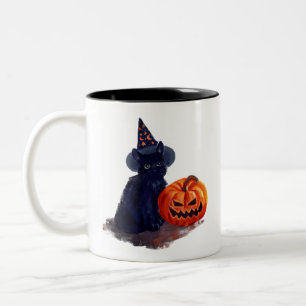 Tasse 2 Couleurs Chat noir d'Halloween avec Citrouille