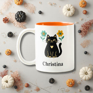 Tasse 2 Couleurs Chat Noir Floral Halloween
