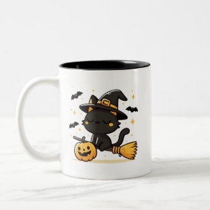 Tasse 2 Couleurs Chat noir sorcière sur balai & citrouille Hallowee