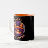 Tasse 2 Couleurs Chat orange avec sorcière violette Casquette Hallo (Devant gauche)