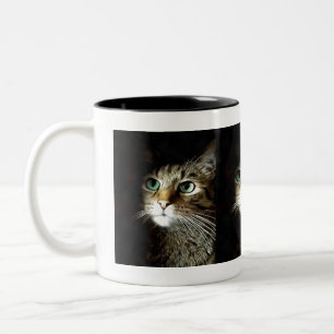 Tasse 2 Couleurs Chat Tigre Aux Yeux Verts Isolés Sur Fond Noir