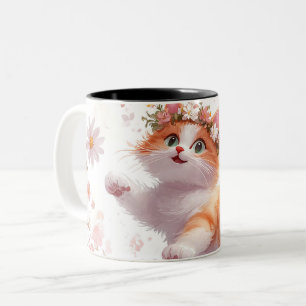 Tasse 2 Couleurs Chaton joueur avec couronne de fleurs de marguerit