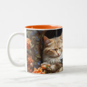 Tasse 2 Couleurs Chaton Tabby Orange en Lit de Plumes Bleues (Gauche)