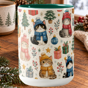 Tasse 2 Couleurs Chats douillets en tenue preppy d'hiver