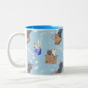 Tasse 2 Couleurs Chats en boîte et gouttes de lait sur bleu
