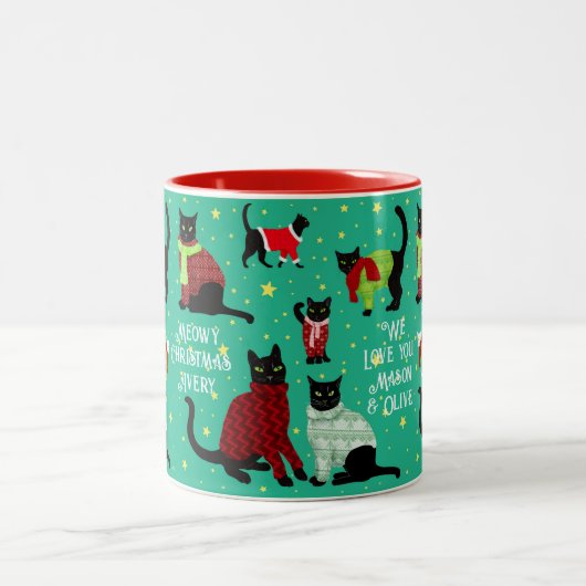 Tasse 2 Couleurs Chats mignons en Sweaters de Noël Personnalisé (Centre)