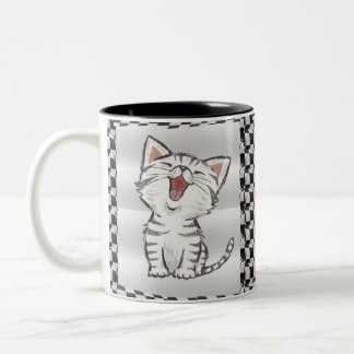 Tasse 2 Couleurs chats noirs et blancs mignons avec damier, tasses.