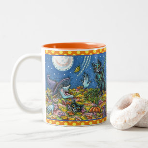 TASSE 2 COULEURS CHATS NOIRS ET TÉMOIGNAGES EN FEUILLE, FUNNY HALLO