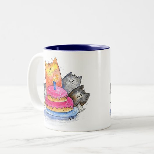 Tasse 2 Couleurs Chats Whimsical avec gâteau d'anniversaire (Devant gauche)