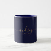 Tasse 2 Couleurs Chic Elegant Navy Blue Gold Script (Centre)