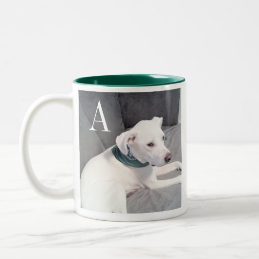 Tasse 2 Couleurs Chien blanc mignon vert initial unique (Gauche)