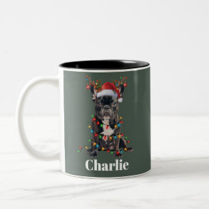 Tasse 2 Couleurs Chien Bouledogue Français de Noël Nom Personnalisé