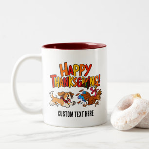Tasse 2 Couleurs Chien drôle poursuivant la dinde personnalisé Joye
