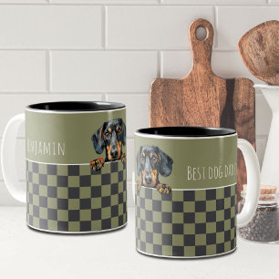 Tasse 2 Couleurs Chien Papa Olive Dark Grey À damiers Dachshund Cus