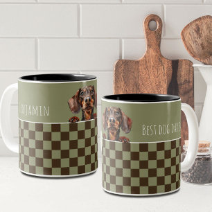 Tasse 2 Couleurs Chien papa Sage Olive À damiers Dachshund Custom