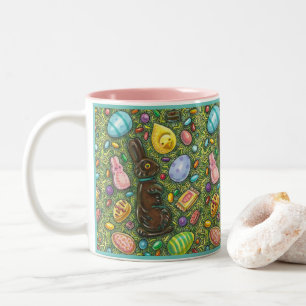 TASSE 2 COULEURS CHOCOLAT PÂQUES BUNNY, POULET, OEUFS, JELLY BEANS