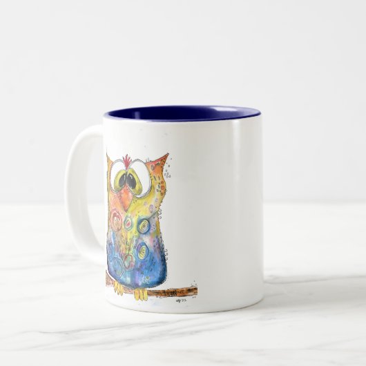 Tasse 2 Couleurs Chouette confuse mignonne Whimsical (Devant gauche)
