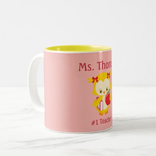 Tasse 2 Couleurs Chouette de l'enseignant Rose jaune et rouge (Devant gauche)