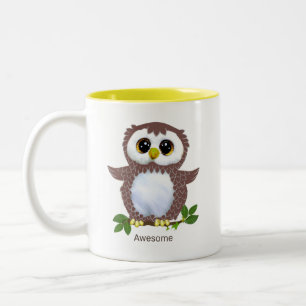 Tasse 2 Couleurs Chouette marron mignonne, feuilles de laurier et c