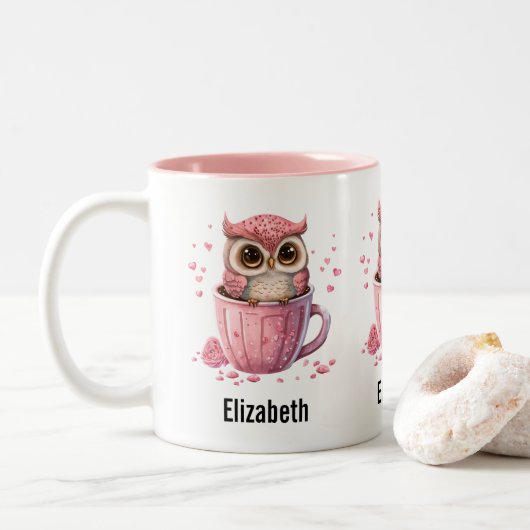 Tasse 2 Couleurs Chouette rose mignonne en coupe (Avec donut)