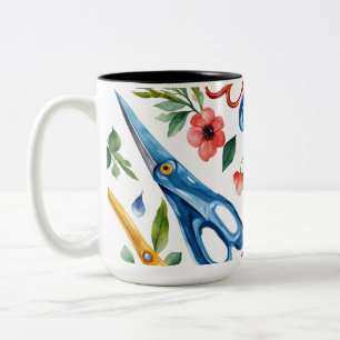 Tasse 2 Couleurs Ciseaux à l'aquarelle & Motif sans fin de fleurs s