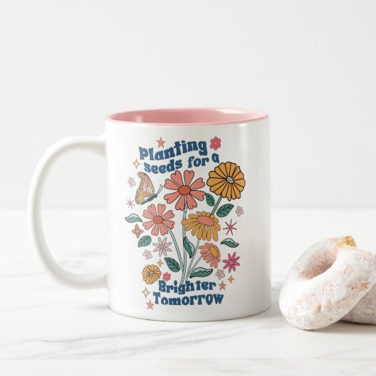 Tasse 2 Couleurs Citation Florale Rétro  (Avec donut)