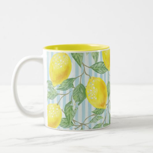 Tasse 2 Couleurs Citrons d'aquarelle et rayures bleues (Gauche)