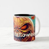 Tasse 2 Couleurs Citrouille orange effrayant avec visage, Halloween (Devant droit)