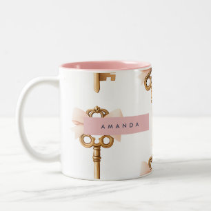 Tasse 2 Couleurs Clé dorée et nœud rose à motif coquette personnali