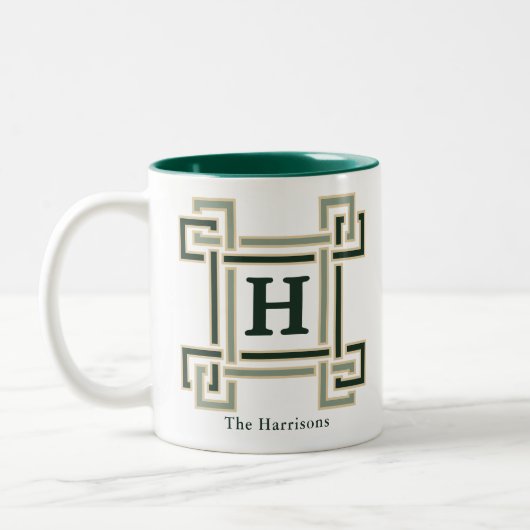 Tasse 2 Couleurs Clé grecque verte forestière classique Monogramme (Gauche)