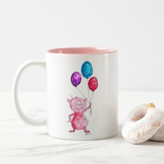 Tasse 2 Couleurs Cochon rose géant avec ballons (Avec donut)