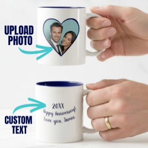 Tasse 2 Couleurs Cœur bleu de photo personnalisée d'anniversaire