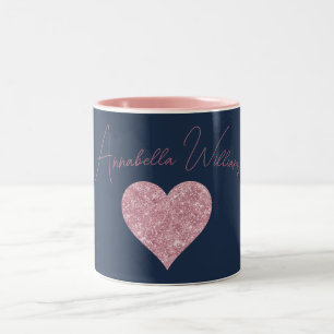 Tasse 2 Couleurs Cœur en paillettes roses sur fond bleu marine