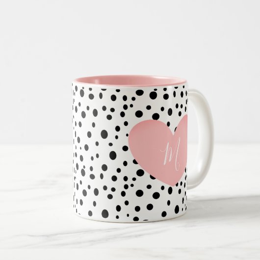 Tasse 2 Couleurs Coeur et points rose monogramme (Devant droit)