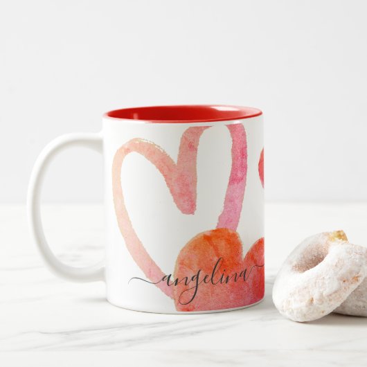 Tasse 2 Couleurs Coeurs rose et rouge tendance Monogrammes Valentin (Avec donut)