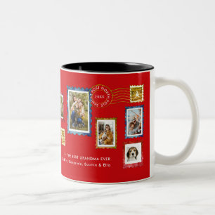 Tasse 2 Couleurs Collage de photos Timbres vintage rouges Noël Mami