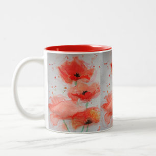 Tasse 2 Couleurs Coquelicots Rouge Clair Aquarelle Fleurale Anniver