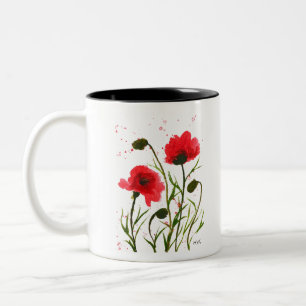 Tasse 2 Couleurs Coquelicots rouges fleurs aquarelle rustique chic
