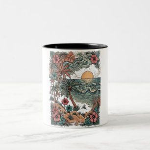 Tasse 2 Couleurs Coucher de soleil vintage à Hawaï et palmiers