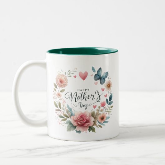 Tasse 2 Couleurs Couronne de fleurs avec un papillon, Joyeuse fête (Gauche)